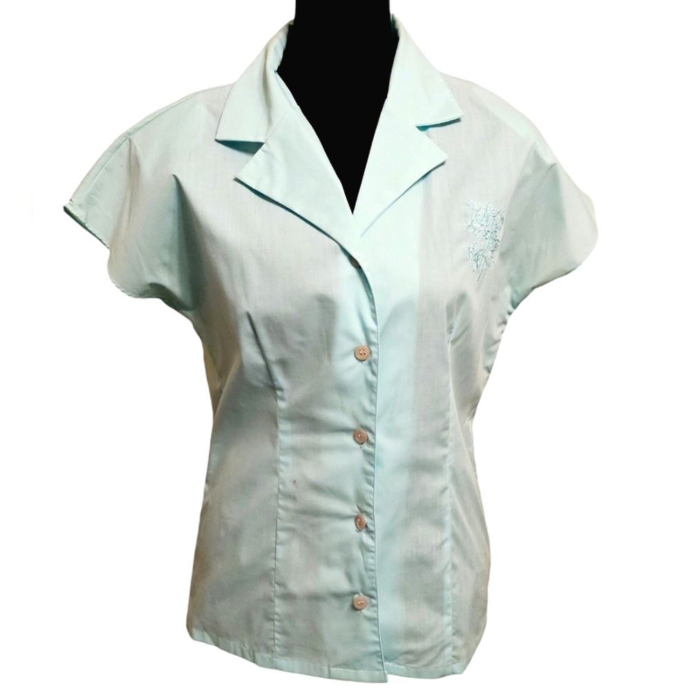 Vintage 80s SEAFOAM Green Sleevless Button-Up Blouse